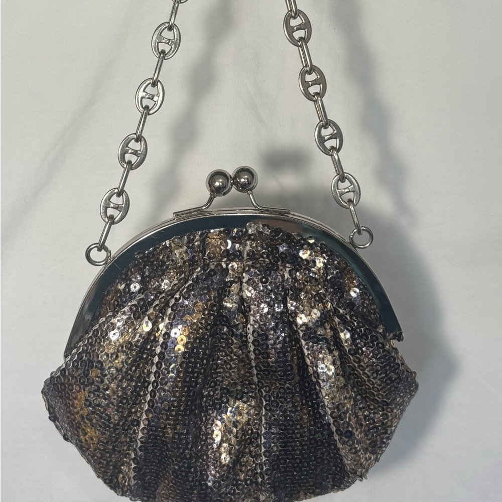 Rampage Silver and Black Sequin Kiss-Lock Chain Clutch
